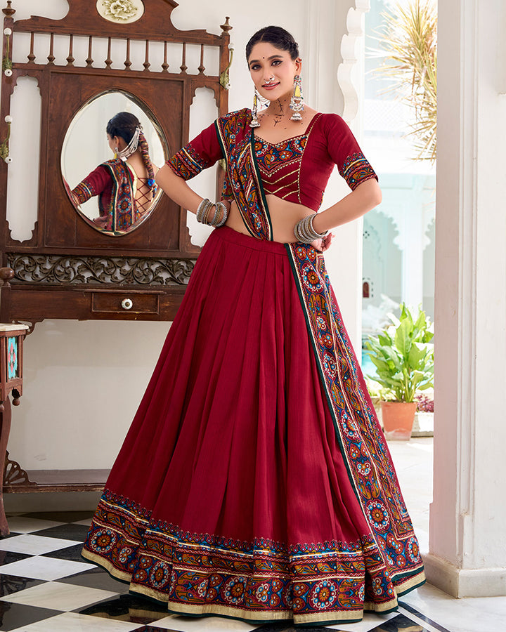 Red Color Tasar Silk Gamthi Printed Navratri Lehenga Choli