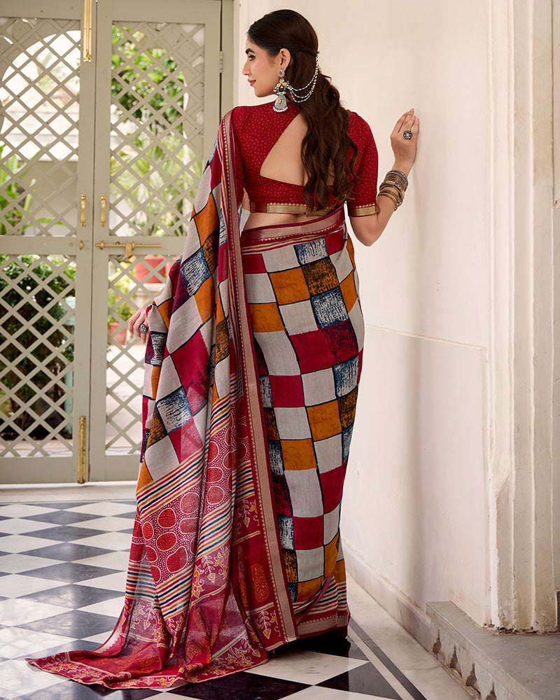 Maroon Color Polyester Chanderi Printed Saree