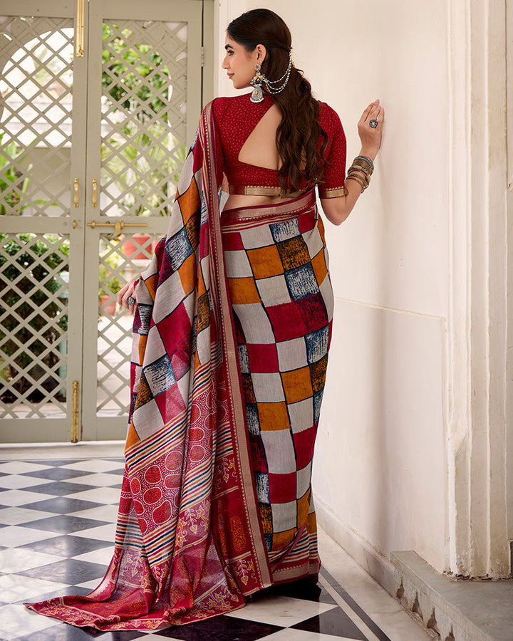 Maroon Color Polyester Chanderi Printed Saree