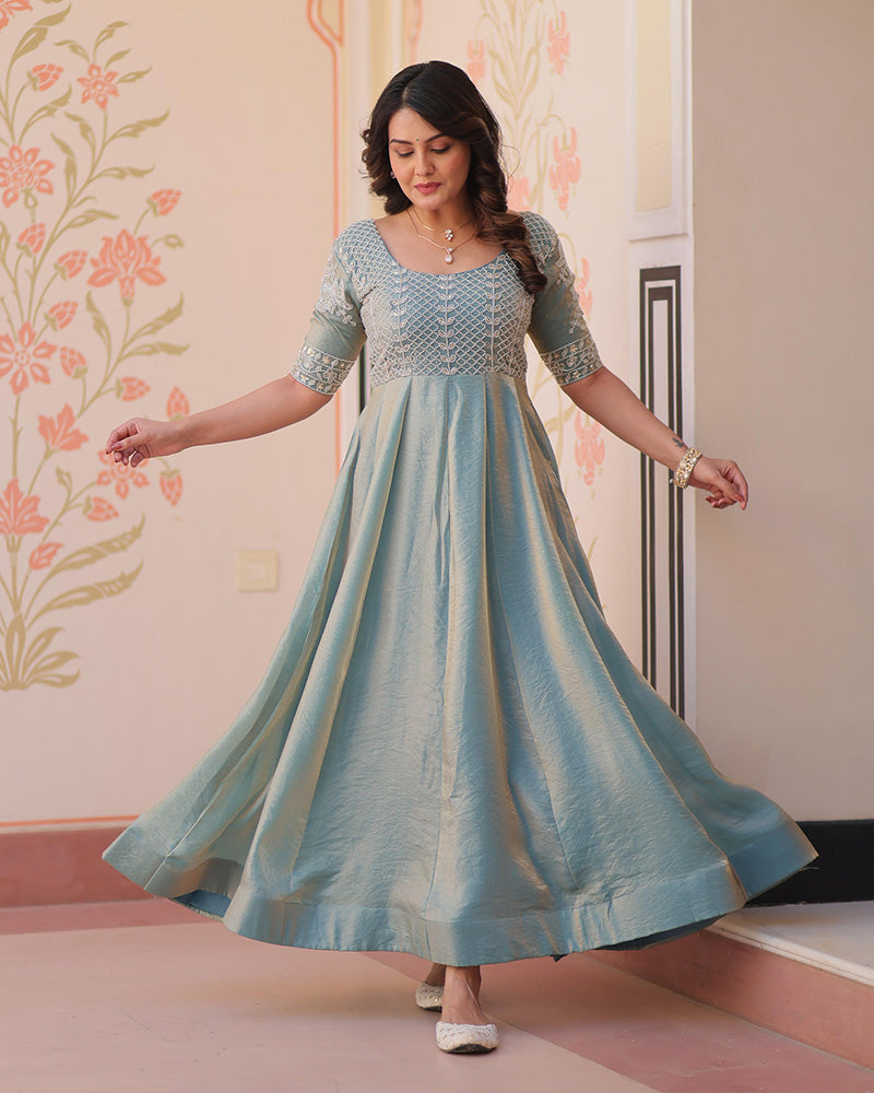 Sky Blue Color Fendi Embroidered work Fully Stitched Designer Gown
