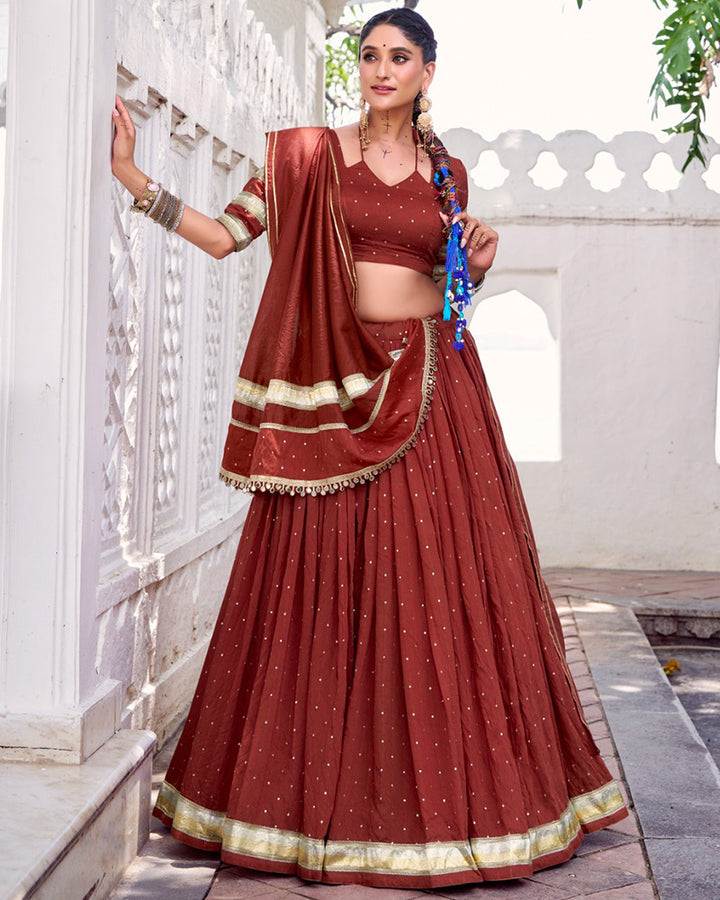 Elegant Rust Orange Color Pure Chanderi Full Stitched Lehenga Choli