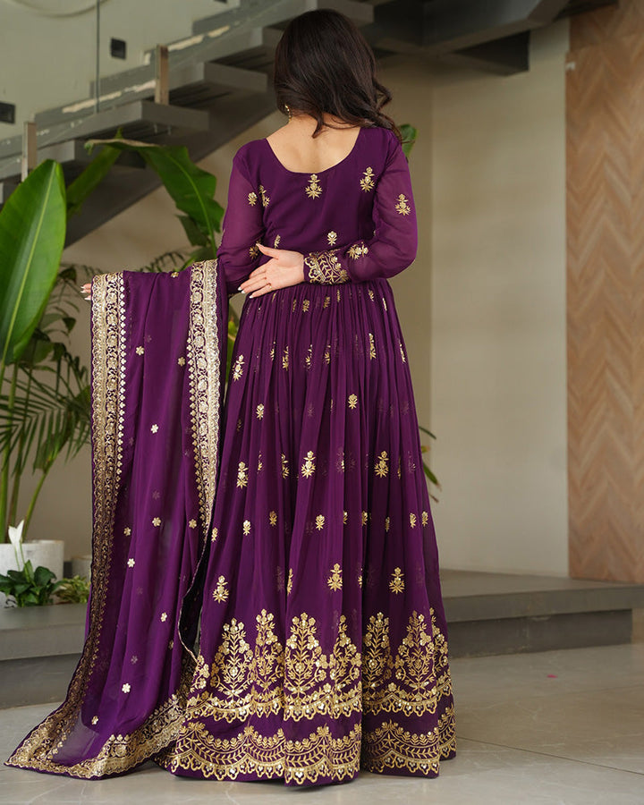 Purple Color Designer Blooming Embroidered Gown