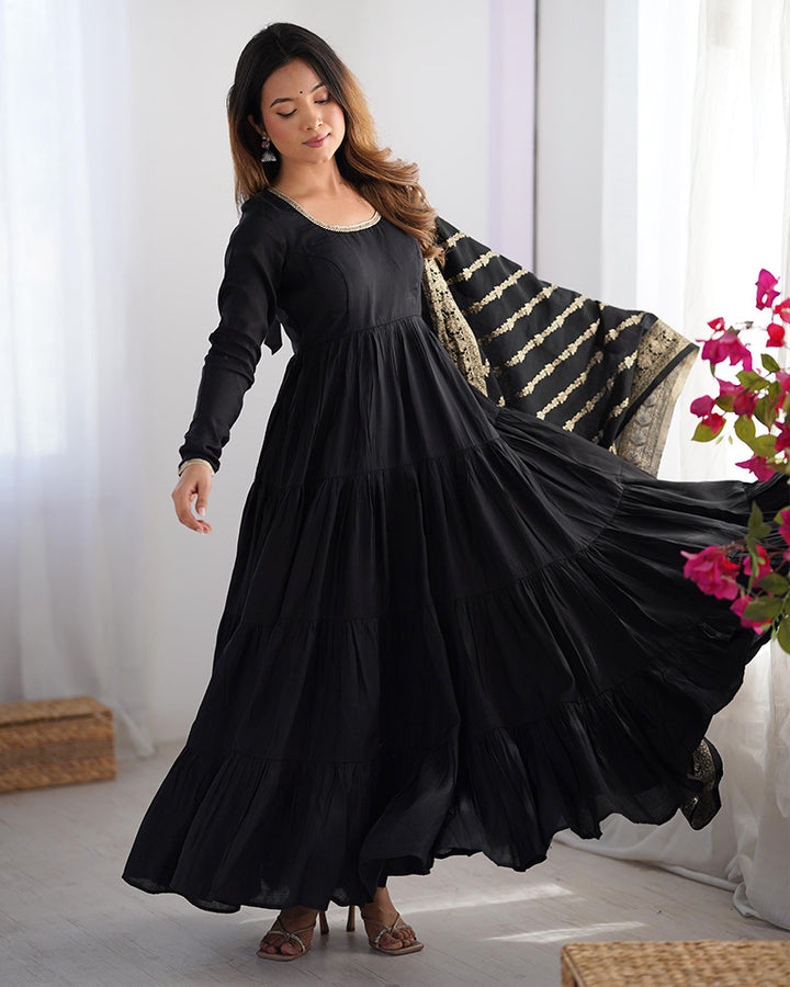 Black Color Chanderi Silk Layer Style Anarkali Suit