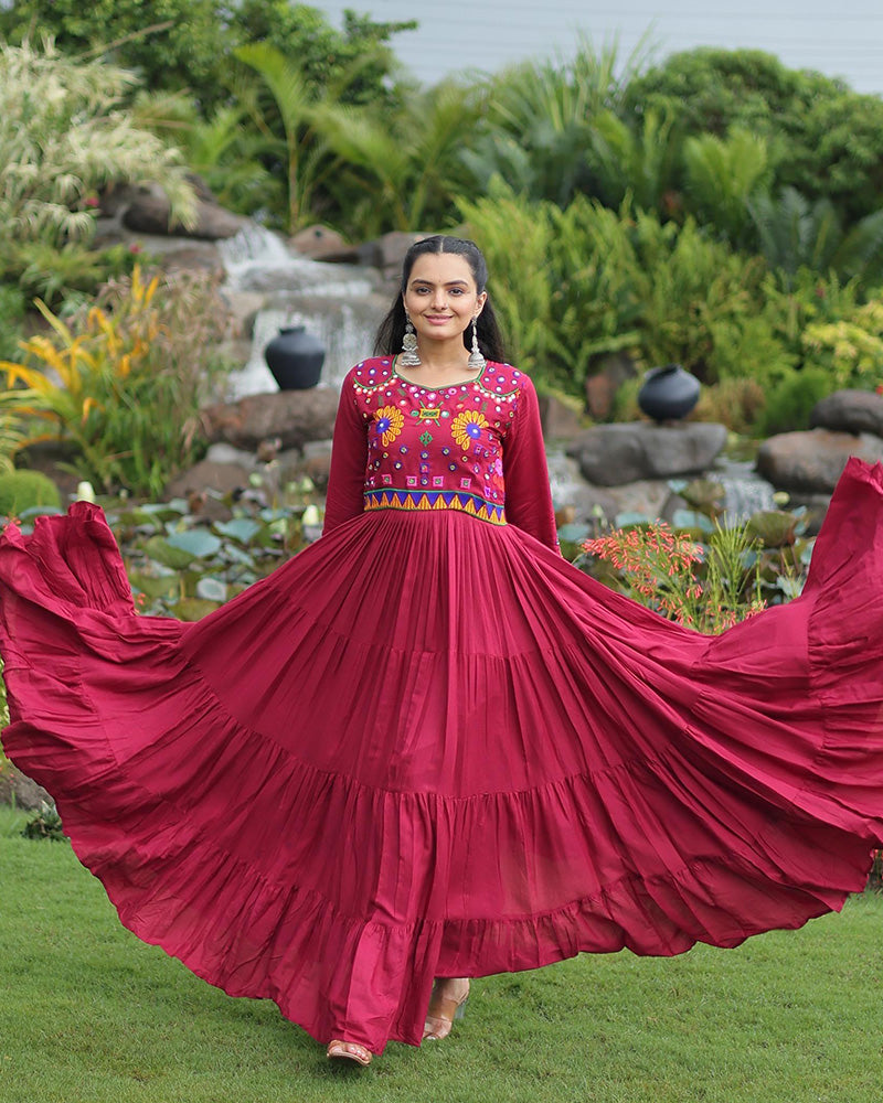 Navratri Special Maroon Color Reyon Gamthi Work Gown