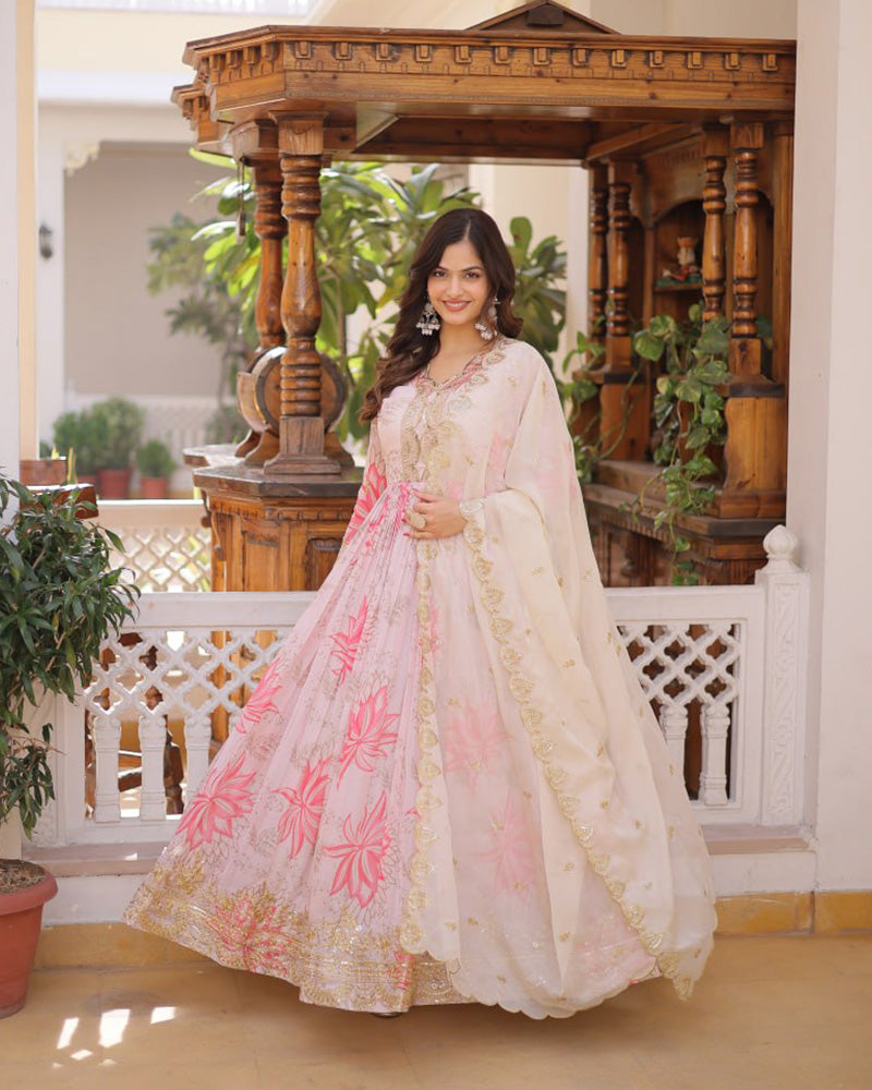 Baby Pink Color Russian Silk Embroidered Gown