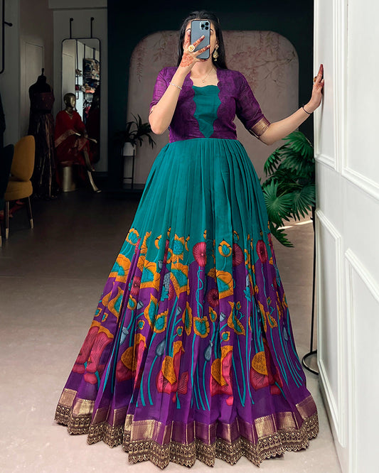 Teal Green Color Viscose Chanderi Floral Printed Gown