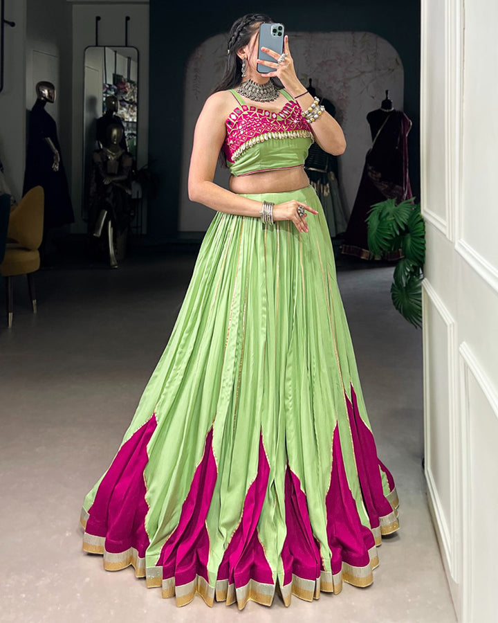 Parrot Green & Magenta Color Pure Rayon Mirror Work Navratri Lehenga Choli