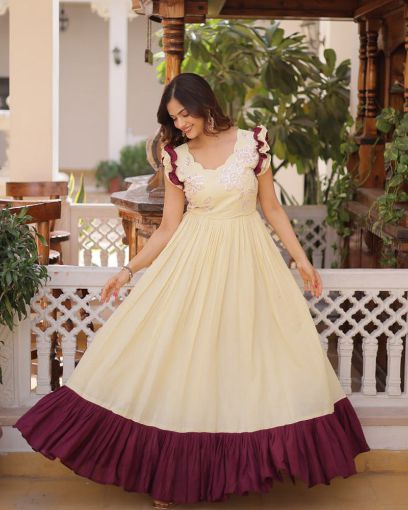 Off-White Color Pure Soft Cotton Embroidered Gown