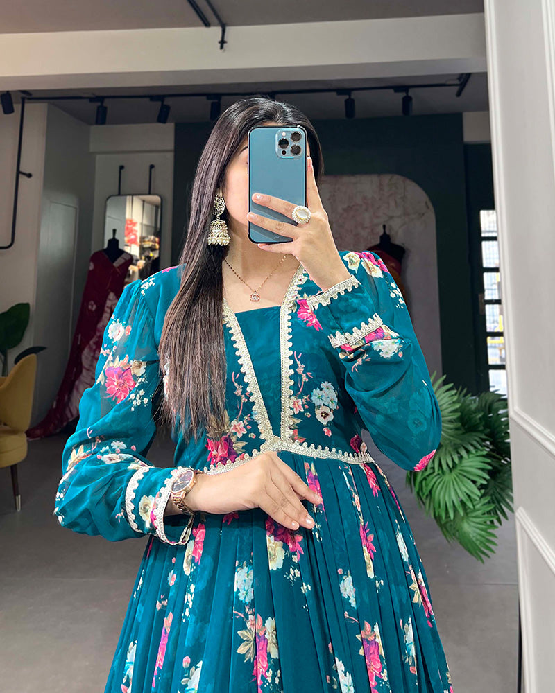 Firozi Color Designer Alia Cut Georgette Gown