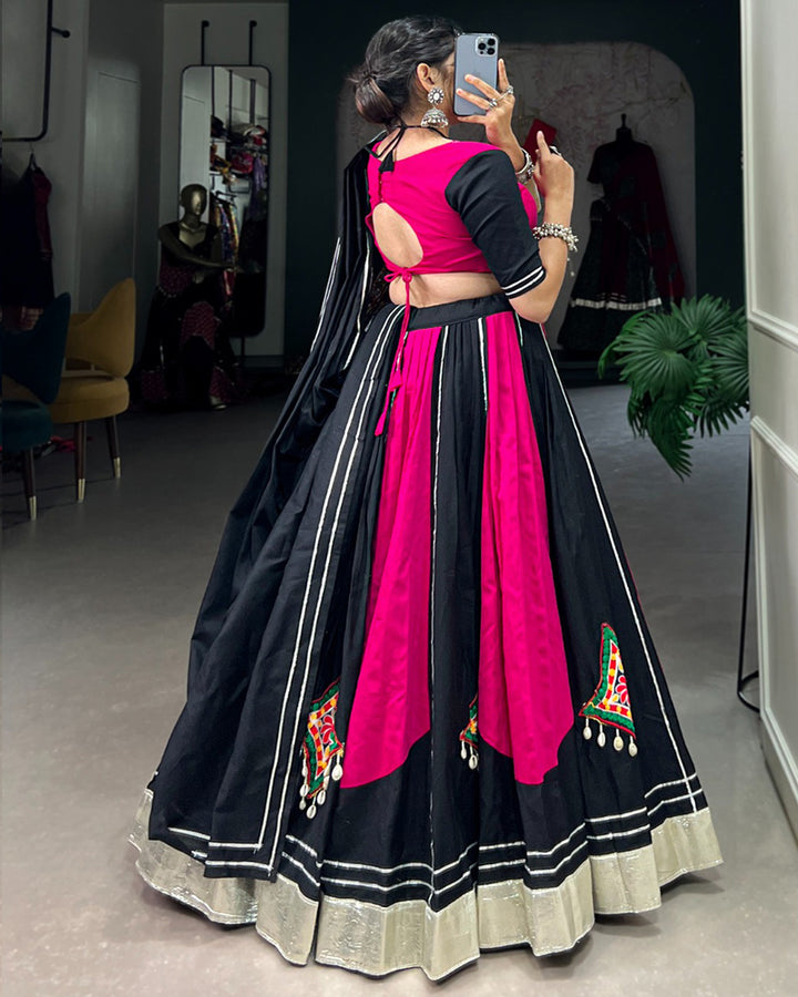 Pink And Black Color Cotton Gamthi Navratri Lehenga Choli