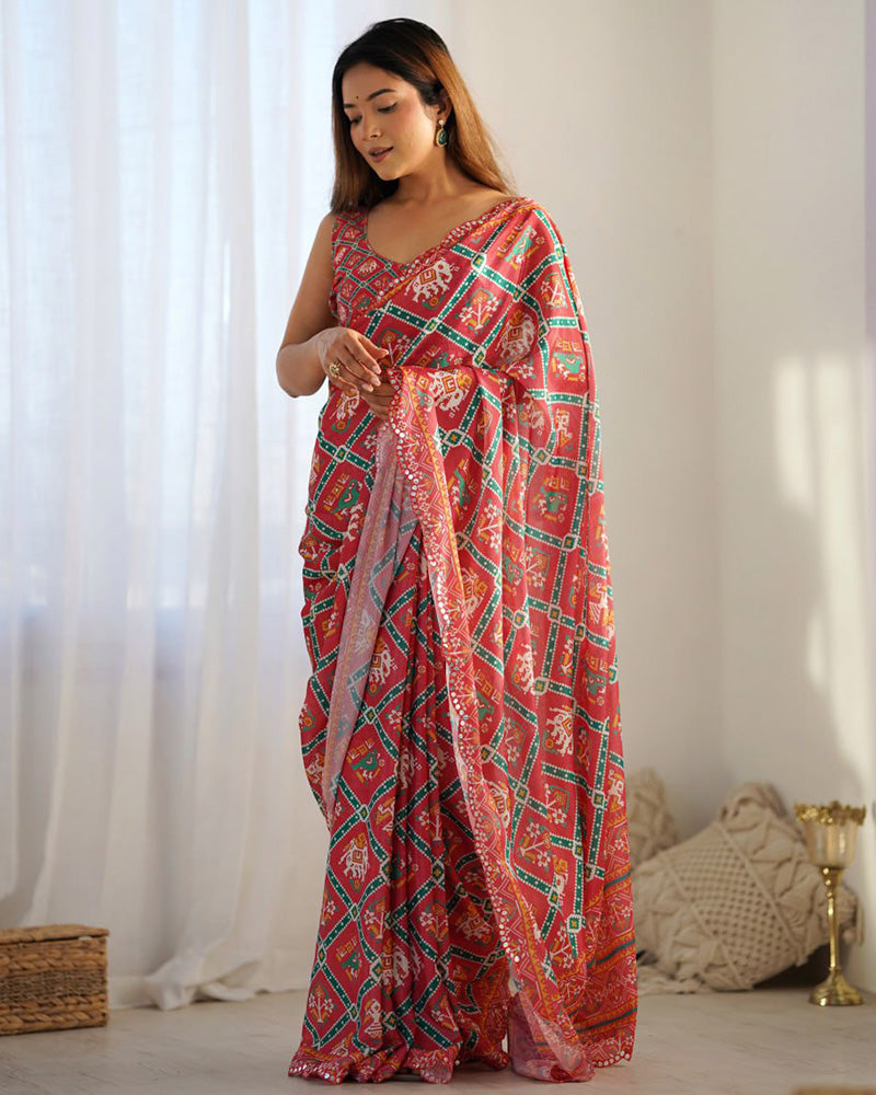 Tomato Color Chinnon Silk Printed Saree