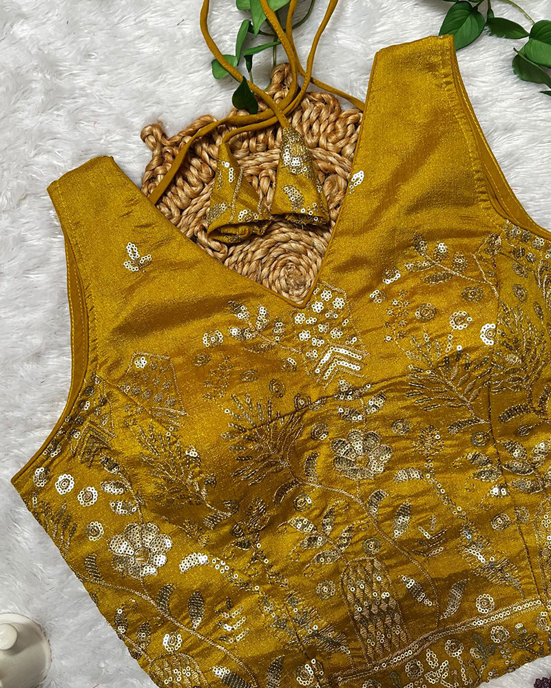 Mustard Color Vichitra Silk Embroidered Blouse