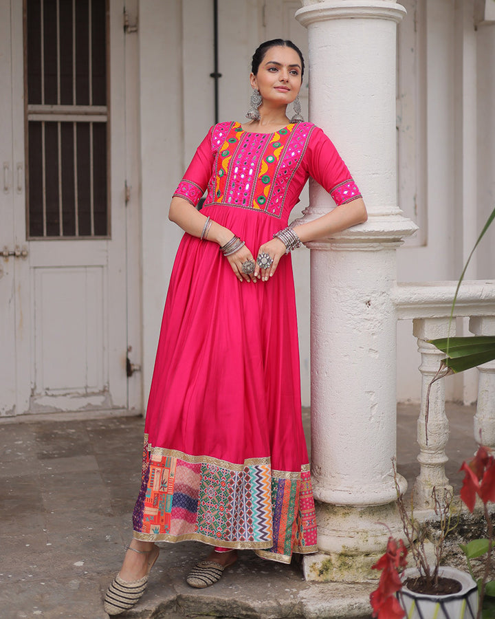 Vibrant Pink Color Ethnic Gamthi Work Navratri Gown