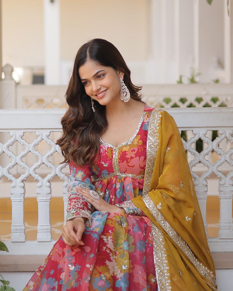 Off White Floral Soft Georgette Three Piece Anarkali Suit