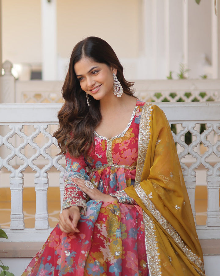 Off White Floral Soft Georgette Three Piece Anarkali Suit