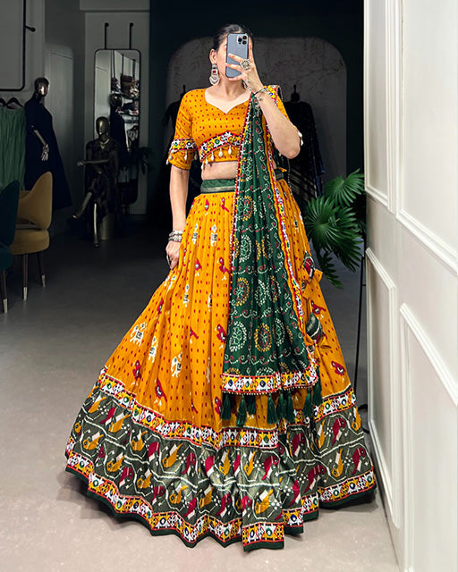 Patola Printed Mustard Color Tussar Silk Navratri Lehenga Choli