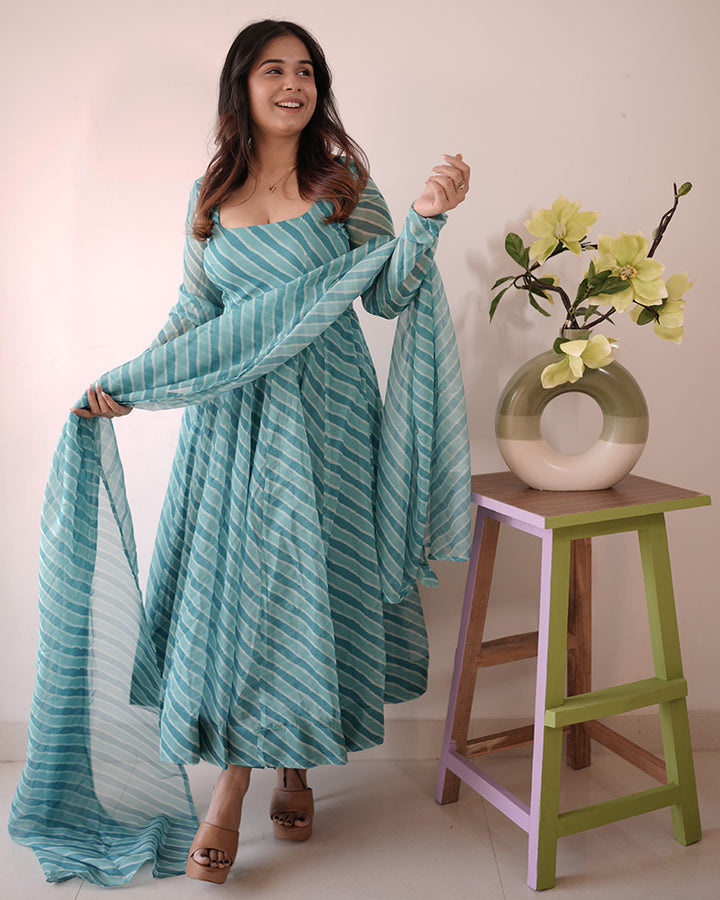 Firozi Color Tabby Organza Three Piece Anarkali Suit