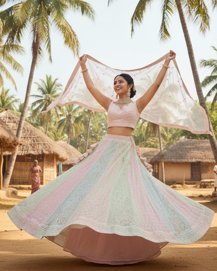 Wedding Wear Pastel Color Georgette Embroidered Lehenga Choli