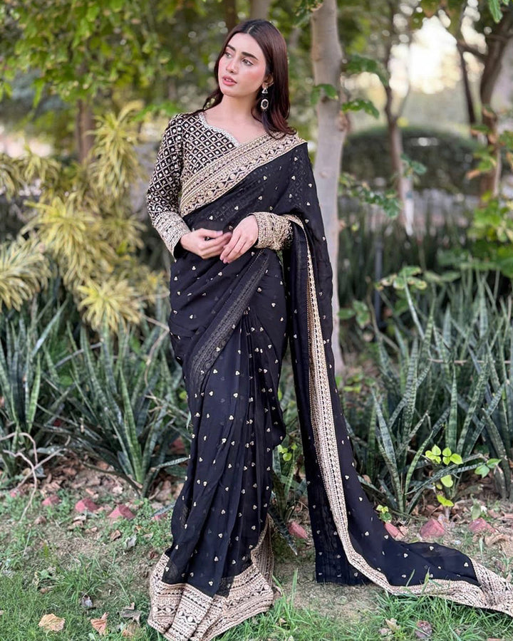 Black Color Tebby Silk Embroidered Saree