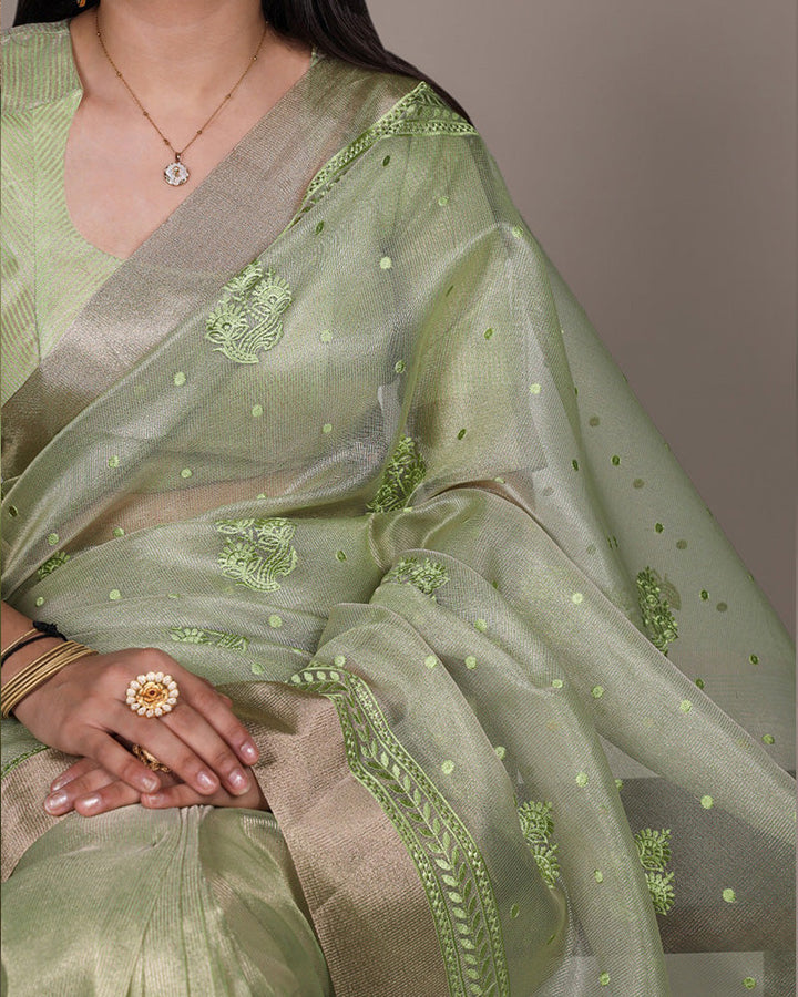 Pista Color Poly Shimmer Embroidered Saree