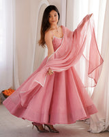 Dusty Pink Color Crunchy Silk Three Piece Anarkali Suit