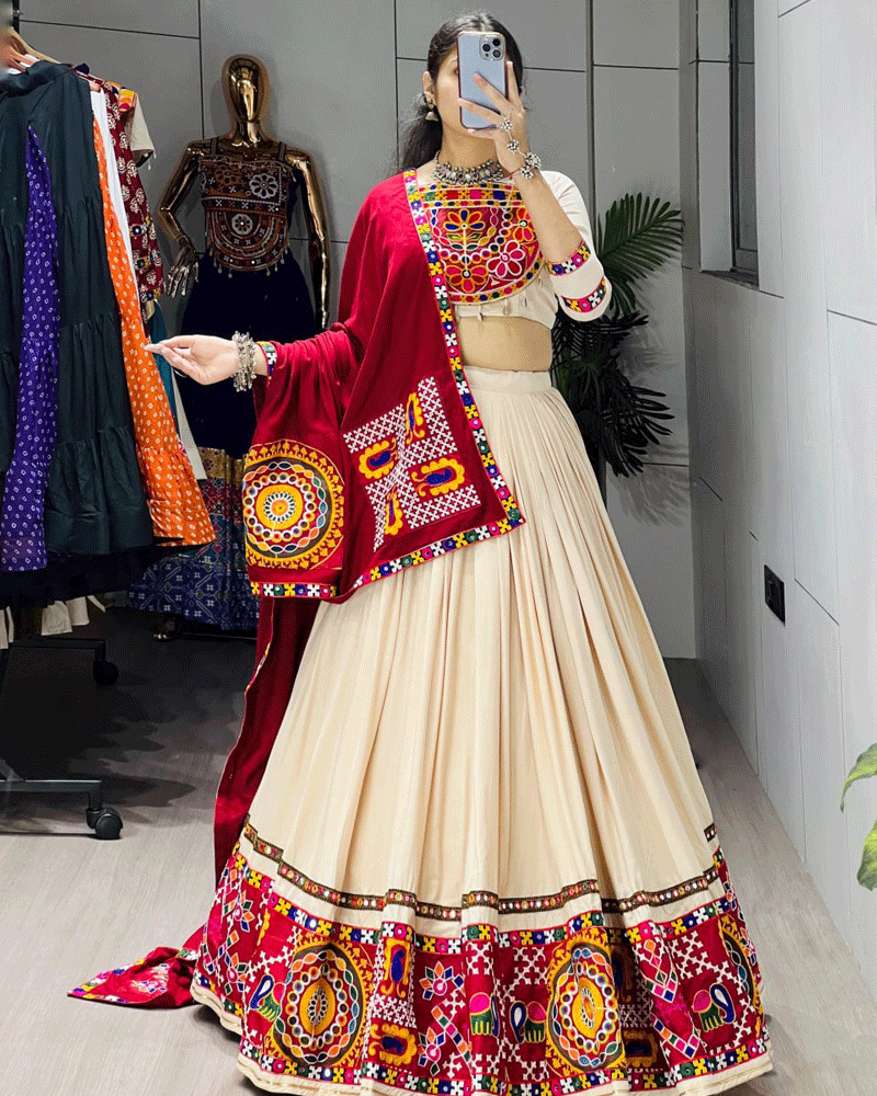 Beige And Maroon Color Pure Rayon Cotton Navratri Lehenga Choli