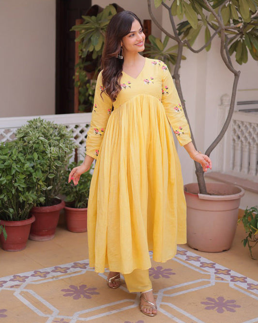 Yellow Color Pure Cotton Embroidered Kurti Suit