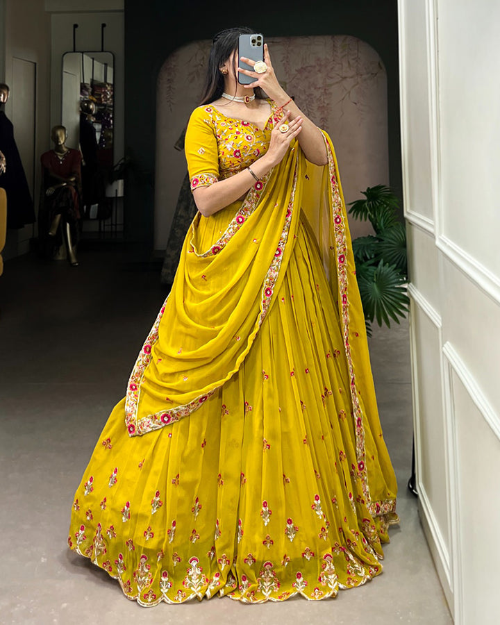 Designer Yellow Color Star Georgette Lehenga Choli