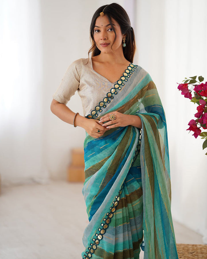 Pista Color Smooth Marble Chiffon Printed Saree