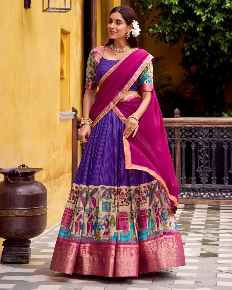 Purple Color Poly Chanderi Kalamkari Printed Lehenga Choli