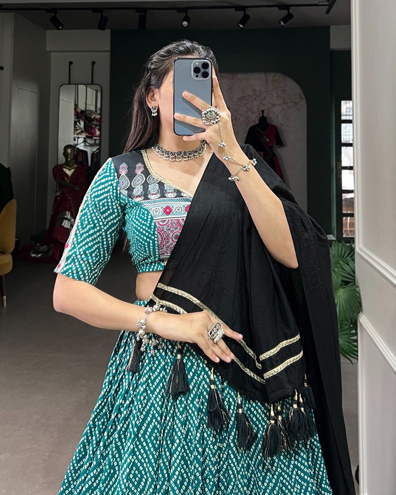 Bottle Green Color Rayon Ajarakh Printed Navratri Lehenga Choli