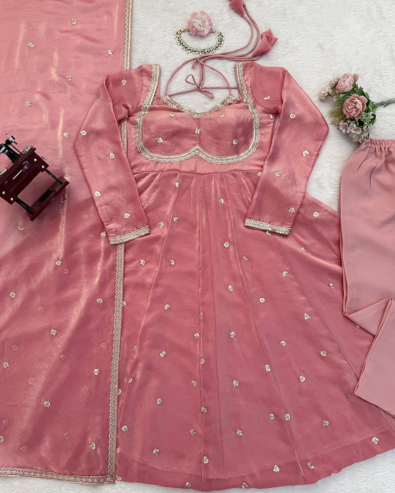 Peach Color Fendi Silk Thread Embroidered Anarkali Suit