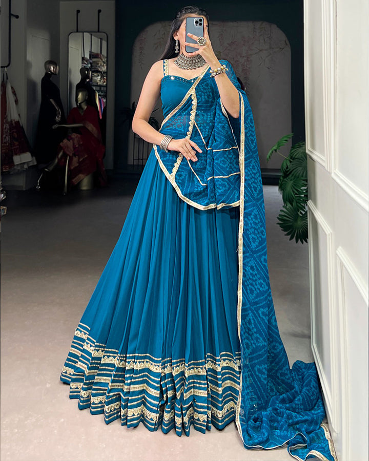 Elegant Teal Green Color Rayon Navratri Lehenga Choli