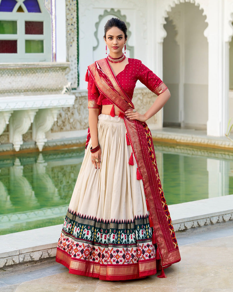 Off-White Color Tussar Silk Patola Printed Half Saree