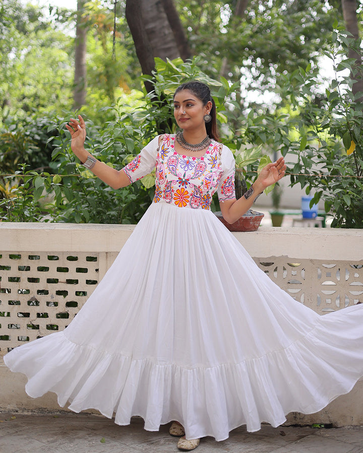 Navratri Wear White Rayon Gamthi Work Gown