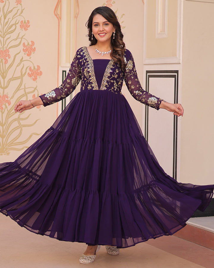 Royal Purple Gown With Exquisite Golden Embroidery