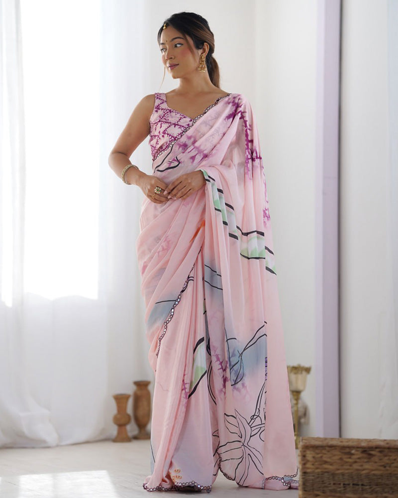 Baby Pink Color Chinnon Silk Printed Saree
