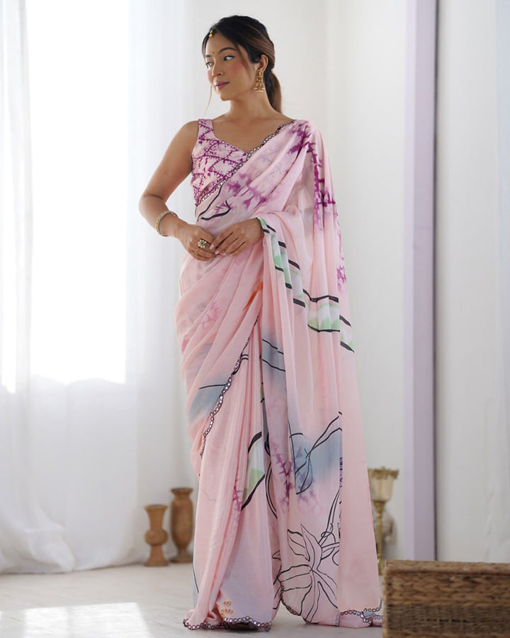 Baby Pink Color Chinnon Silk Printed Saree