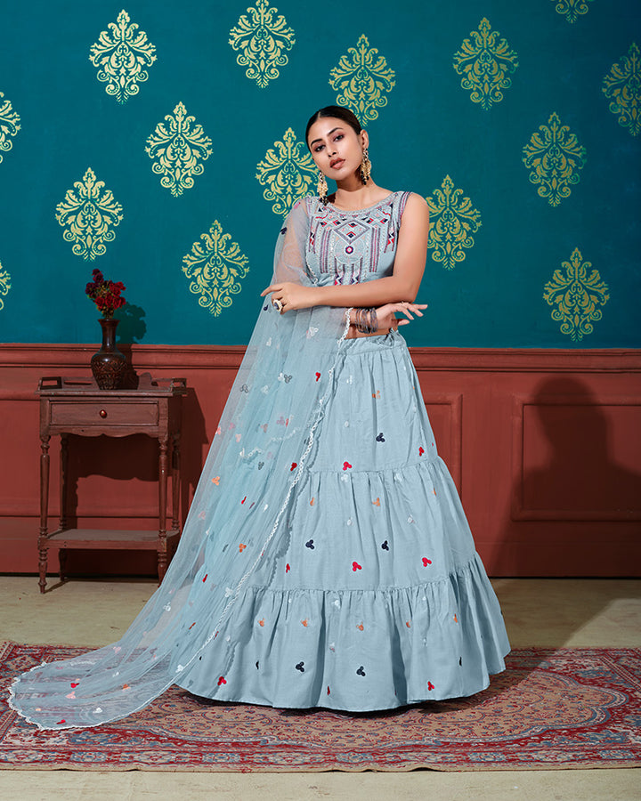 Sky Blue Color Cotton Thread Embroidered Lehenga Choli
