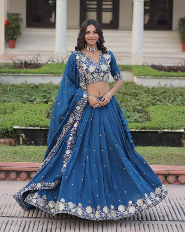 Peacock Blue Color Vichitra Silk Thread Embroidered Lehenga Choli