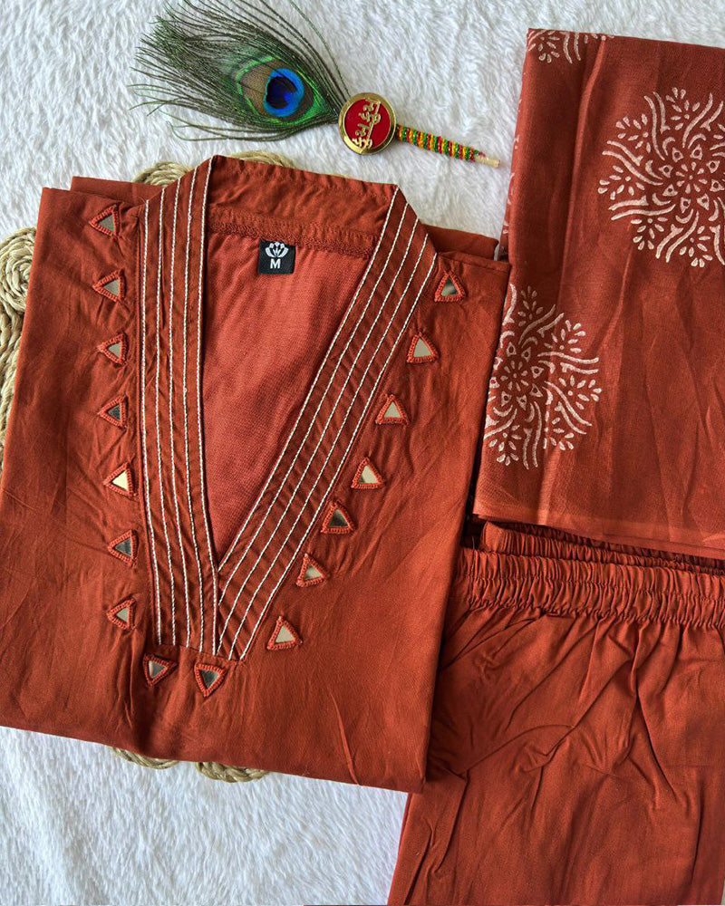 Rust Orange Color Pure Cotton Three Piece Kurti Suit