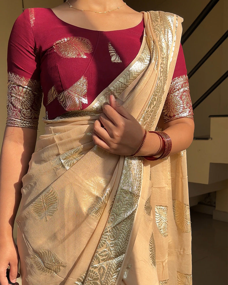 Cream Color Pure Viscose Georgette Saree