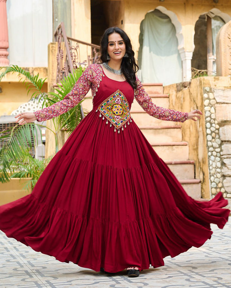 Full Flair Maroon Rayon Gown With Multicolor Embroidery