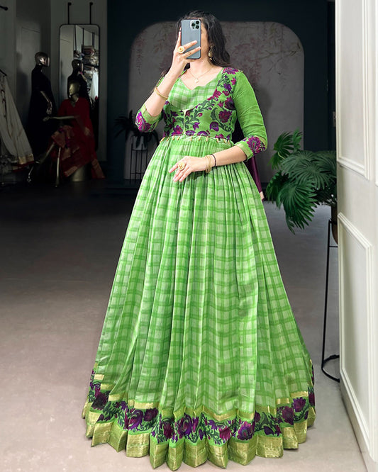 Designer Parrot Green Color Polyster Viscose Chanderi Gown