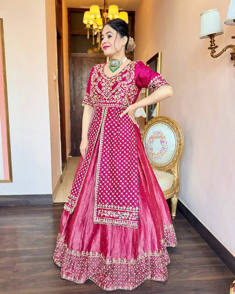 Magenta Pink Color Chinon Silk Embroidered Lehenga Choli