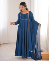 Teal Blue Color Pure Blooming Georgette Anarkali Gown