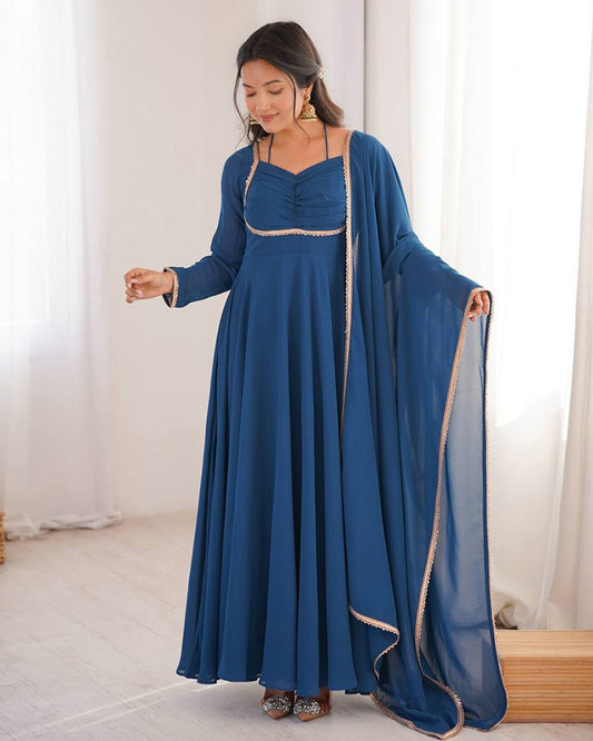 Teal Blue Color Pure Blooming Georgette Anarkali Gown