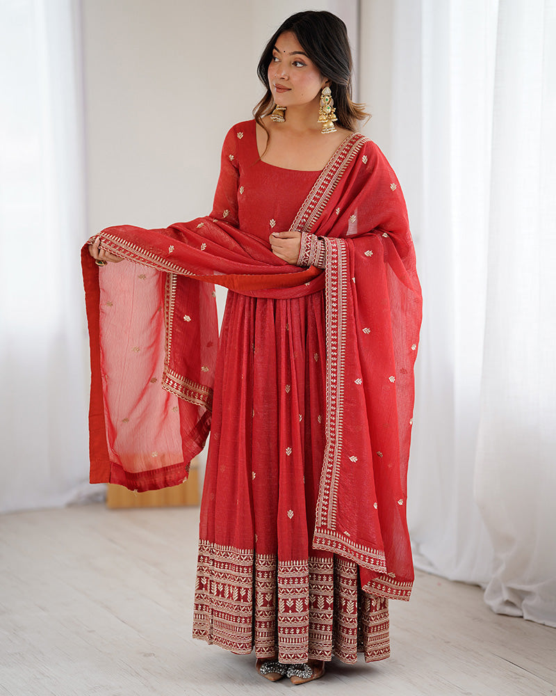 Rust Color Crunchy Silk Embroidered Gown
