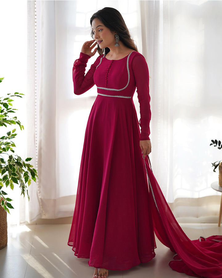 Rose Pink Color Georgette Anarkali With Pant And Dupatta