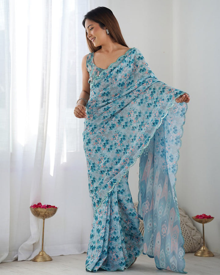 Sky Color Chinnon Silk Printed Saree